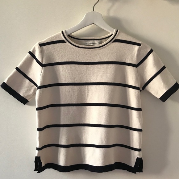 Zara Ivory & Navy Cropped Knit Tee - Picture 1 of 3